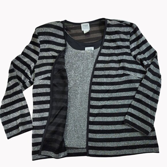 R&M Richards size 16 Womens 3 Piece Pant Set Sparkle Tank Striped Cardigan Outfi - Picture 2 of 13